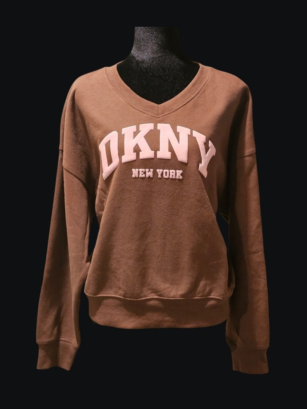 DKNY Women's V-Neck Sweatshirt in Brown with Pink Logo
